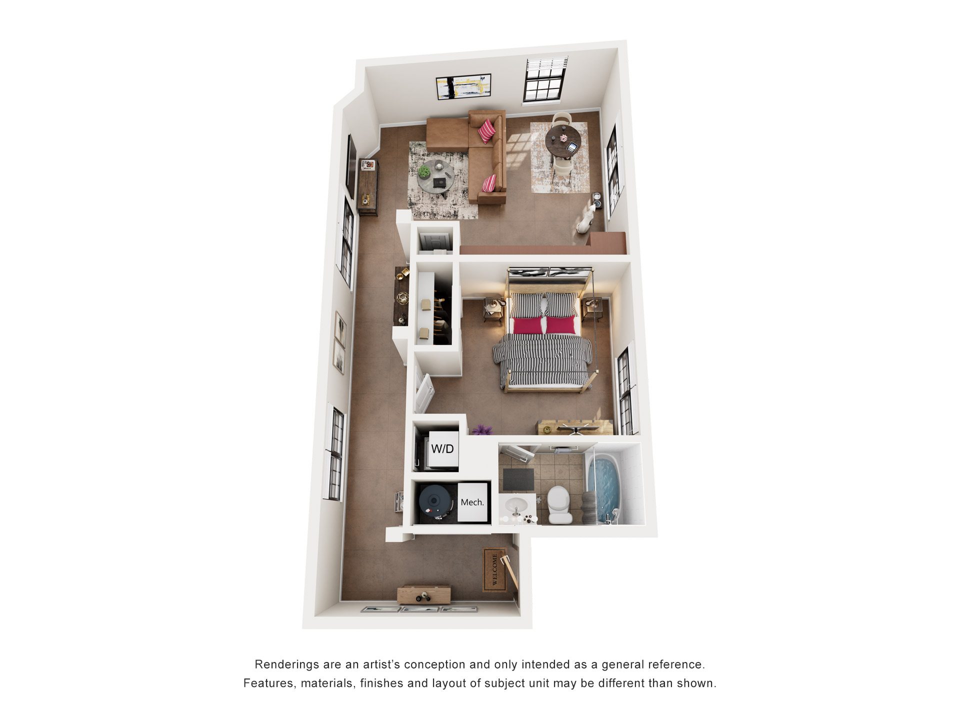 Floor plan for 1 bed, 1 bath, 693 sqft